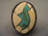 Big Early Vintage Navajo Turquoise Fetish Native American Jewelry Silver Ring Old-Nativo Arts
