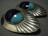 Big Huge Vintage Navajo Turquoise Lapis Native American Jewelry Silver Earrings-Nativo Arts