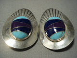 Big Huge Vintage Navajo Turquoise Lapis Native American Jewelry Silver Earrings-Nativo Arts