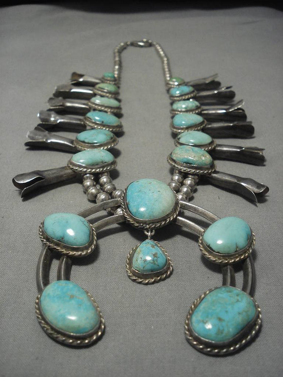 Big Vintage Native American Navajo Carico Lake Turquoise Sterling Silver Squash Blossom Necklace-Nativo Arts