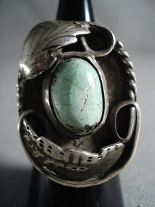 Big Vintage Navajo Cerrillos Turquoise Native American Jewelry Silver Leaf Ring-Nativo Arts