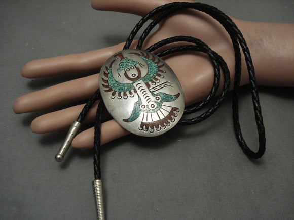 Big Vintage Navajo Turquoise Coral Thunderbird Native American Jewelry Silver Bolo Tie-Nativo Arts