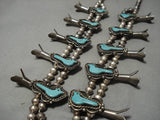 Bird Fetish Vintage Native American Navajo Turquoise Sterling Silver Squash Blossom Necklace-Nativo Arts