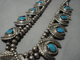 Blue Diamond Turquoise Vintage Native American Navajo Sterling Silver Squash Blossom Necklace-Nativo Arts