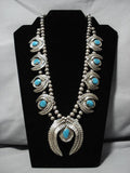 Blue Diamond Turquoise Vintage Native American Navajo Sterling Silver Squash Blossom Necklace-Nativo Arts