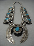 Blue Diamond Turquoise Vintage Native American Navajo Sterling Silver Squash Blossom Necklace-Nativo Arts