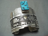 One Of Most Detailed Vintage Native American Navajo Turquoise 14k Gold Sterling Silver Bracelet-Nativo Arts