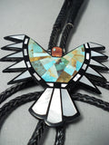 Native American Biggest Best Vintage Santo Domingo Turquoise Inlay Sterling Silver Bolo Tie-Nativo Arts