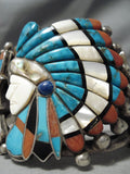 Biggest Best Vintage Native American Navajo Zuni Chief Turquoise Inlay Sterling Silver Bracelet-Nativo Arts