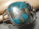 Rare Vintage Native American Navajo Smokey Bisbee Turquoise Sterling Silver Leaf Bracelet-Nativo Arts