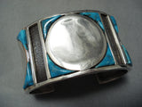 Huge Heavy Unique Vintage Native American Navajo Turquoise Inlay Sterling Silver Bracelet Old-Nativo Arts