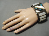Huge One Of Best Vintage Native American Navajo Turquoise Sterling Silver Shell Bracelet Old-Nativo Arts