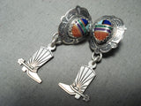 Native American Detailed Vintage Turquoise Inlay Cowboy Spur Sterling Silver Earrings-Nativo Arts