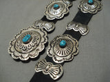 Magnificent Vintage Native American Navajo Hand Tooled Sterling Silver Turquoise Concho Belt Old-Nativo Arts