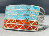 One Of The Most Unique Native American Zuni Turquoise Coral Sterling Silver Bracelet-Nativo Arts