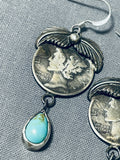 Beautiful Native American Navajo Kingman Turquoise Sterling Silver Mercury Dime Earrings-Nativo Arts