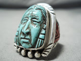 Native American Importasnt Hand Carved Turquoise Coral Sterling Silver Ring-Nativo Arts