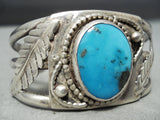 Quality Vintage Native American Navajo Blue Gem Turquoise Sterling Silver Leaf Bracelet Old-Nativo Arts