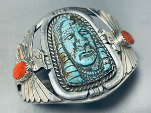 Important Hand Carved Chief Turquoise Sterling Silver Coral Bracelet-Nativo Arts