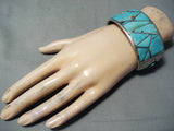 Awesome Vintage Native American Navajo Inlay Turquoise Sterling Silver Shadowbox Bracelet Old-Nativo Arts