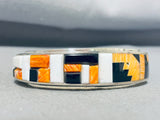 Mesmerizing Signed Native American Navajo Inlay Orange Spiny Black Onyx Sterling Silver Bracelet-Nativo Arts