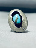 Superior Vintage Native American Navajo Kingman Turquoise Sterling Silver Shadowbox Ring-Nativo Arts