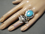 Astonishing Navajo Blue Gem Turquoise Sterling Silver Kachina Ring Native American-Nativo Arts