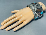 Big Mens Native American Navajo Turquoise Coral Sterling Silver Bear Bracelet-Nativo Arts