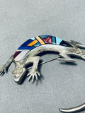 Native American Important Gecko Turquoise Inlay Sterling Silver Frank Yazzie Pin-Nativo Arts