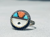 Very Old Vintage Native American Zuni Turquoise Coral Sterling Silver Sunface Ring-Nativo Arts