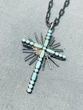 Celestial Vintage Native American Zuni Inlay Blue Gem Turquoise Sterling Silver Cross Necklace-Nativo Arts