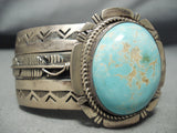 Intense Vintage Native American Navajo #8 Turquoise Sterling Silver Feather Bracelet-Nativo Arts
