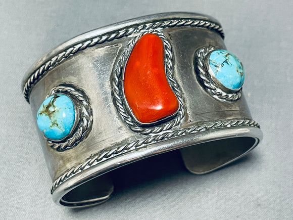 Heavy Thick Vintage Native American Navajo Turquoise Coral Sterling Silver Bracelet-Nativo Arts