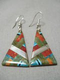 Native American Inlay Master Santo Domingo Turquoise Coral Dan Coriz Sterling Silver Earrings-Nativo Arts