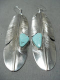 4 Inch Native American Navajo Old Kingman Turquoise Sterling Silver Large Feather Earrings-Nativo Arts