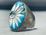 One Of The Best Vintage Mens Native American Zuni Turquoise Inlay Sterling Silver Ring Old-Nativo Arts