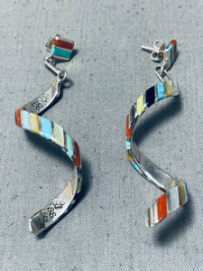 Superb Native American Zuni Signed Turquoise Coral Multi Sterling Silver Spiral Earrings-Nativo Arts