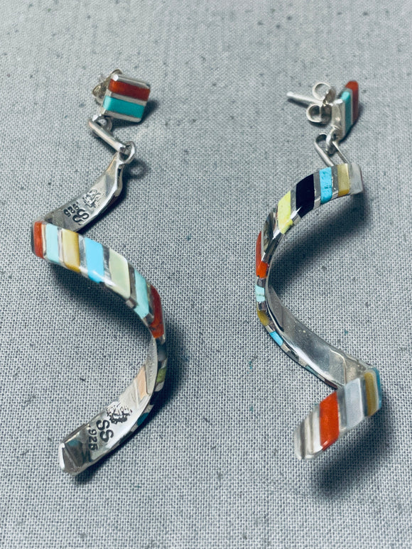 Superb Native American Zuni Signed Turquoise Coral Multi Sterling Silver Spiral Earrings-Nativo Arts