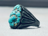 Very Dark Patina Vintage Native American Navajo Turquoise Sterling Silver Ring Old-Nativo Arts