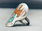 Detailed Vintage Native American Navajo Turquoise Coral Inlay Sterling Silver Ring-Nativo Arts