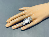 Superb Vintage Native American Zuni Inlay Mother Of Pearl Quail Sterling Silver Ring-Nativo Arts