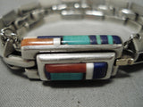 Best Vintage Native American Navajo Jimmie King Jr Turquoise Inlay Link Sterling Silver Bracelet-Nativo Arts