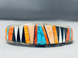 Native American One Of The Most Intricate Triangle Inlay Turquoise Sterling Silver Bracelet-Nativo Arts