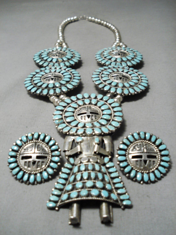 Rare Vintage Native American Navajo Kachina Turquoise Sterling Silver Squash Blossom Necklace-Nativo Arts