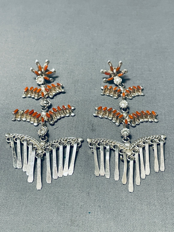 Dynamic Native American Zuni Coral Sterling Silver Dangle Earrings-Nativo Arts