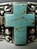 Important Native American Navajo Turquoise Christian Cross Sterling Silver Bracelet Heavy-Nativo Arts