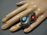 Extremely Rare Vintage Native American Navajo Carved Leaf Turquoise Sterling Silver Ring Old-Nativo Arts