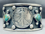 Native American Heavy Coin Navajo Turquoise Sterling Silver Bracelet Cuff-Nativo Arts