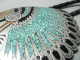 Huge Chief Head Vintage Native American Navajo Turquoise Coral Sterling Silver Bolo Tie-Nativo Arts
