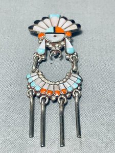 Important Vintage Native American Zuni Turquoise Inlay Sterling Silver Pendant- One Of Best-Nativo Arts